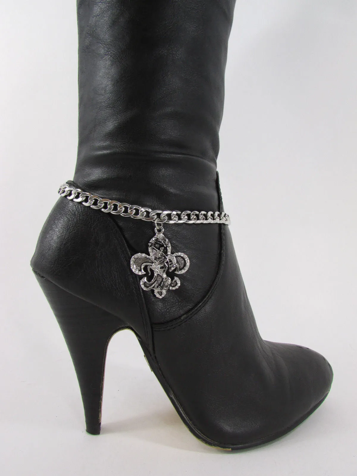 Rhinestone Outlined Fleur De Lis Pendant Boot Chain