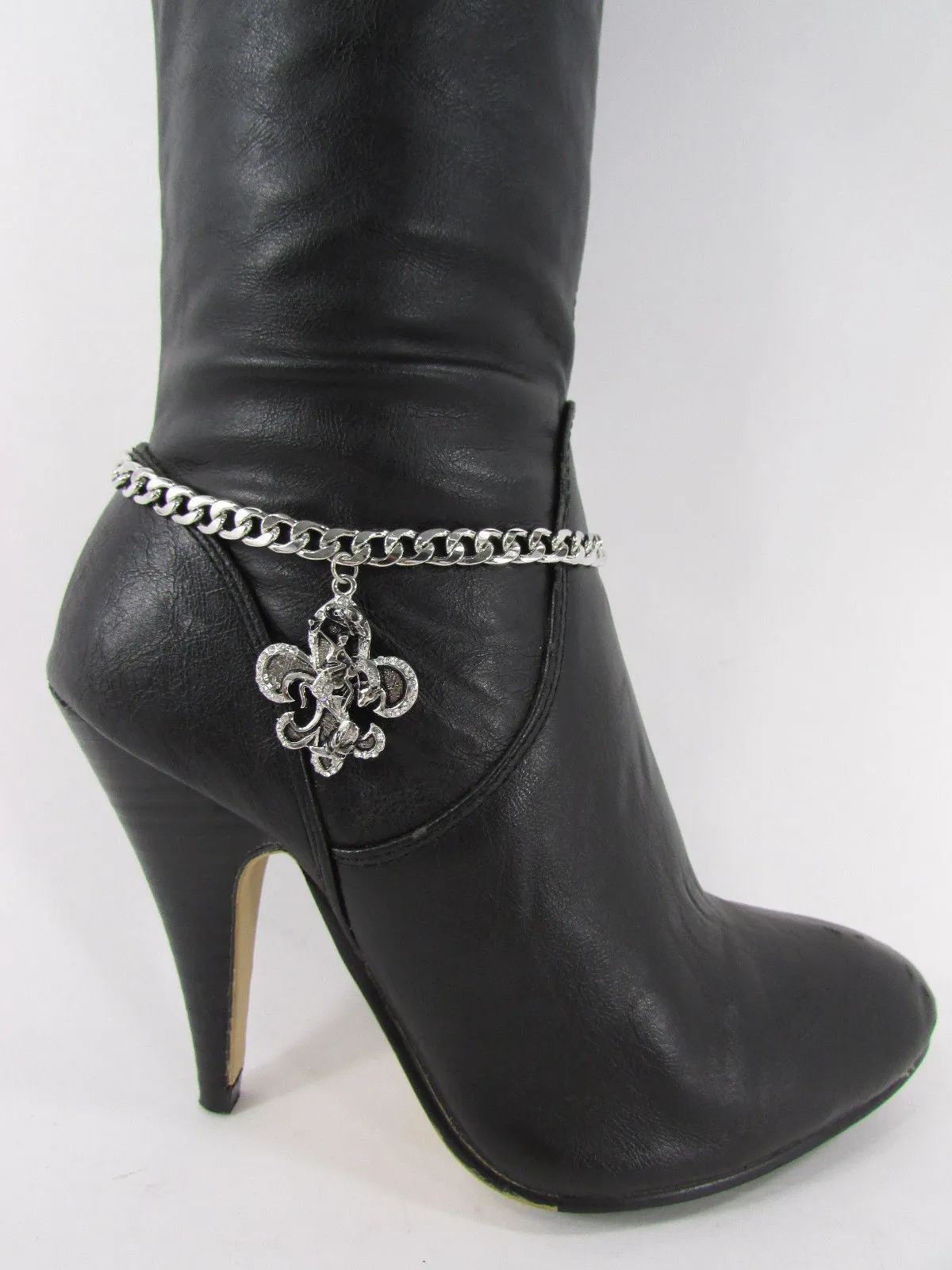 Rhinestone Outlined Fleur De Lis Pendant Boot Chain