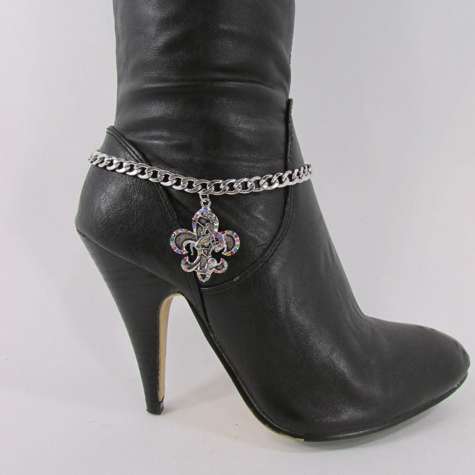Rhinestone Outlined Fleur De Lis Pendant Boot Chain