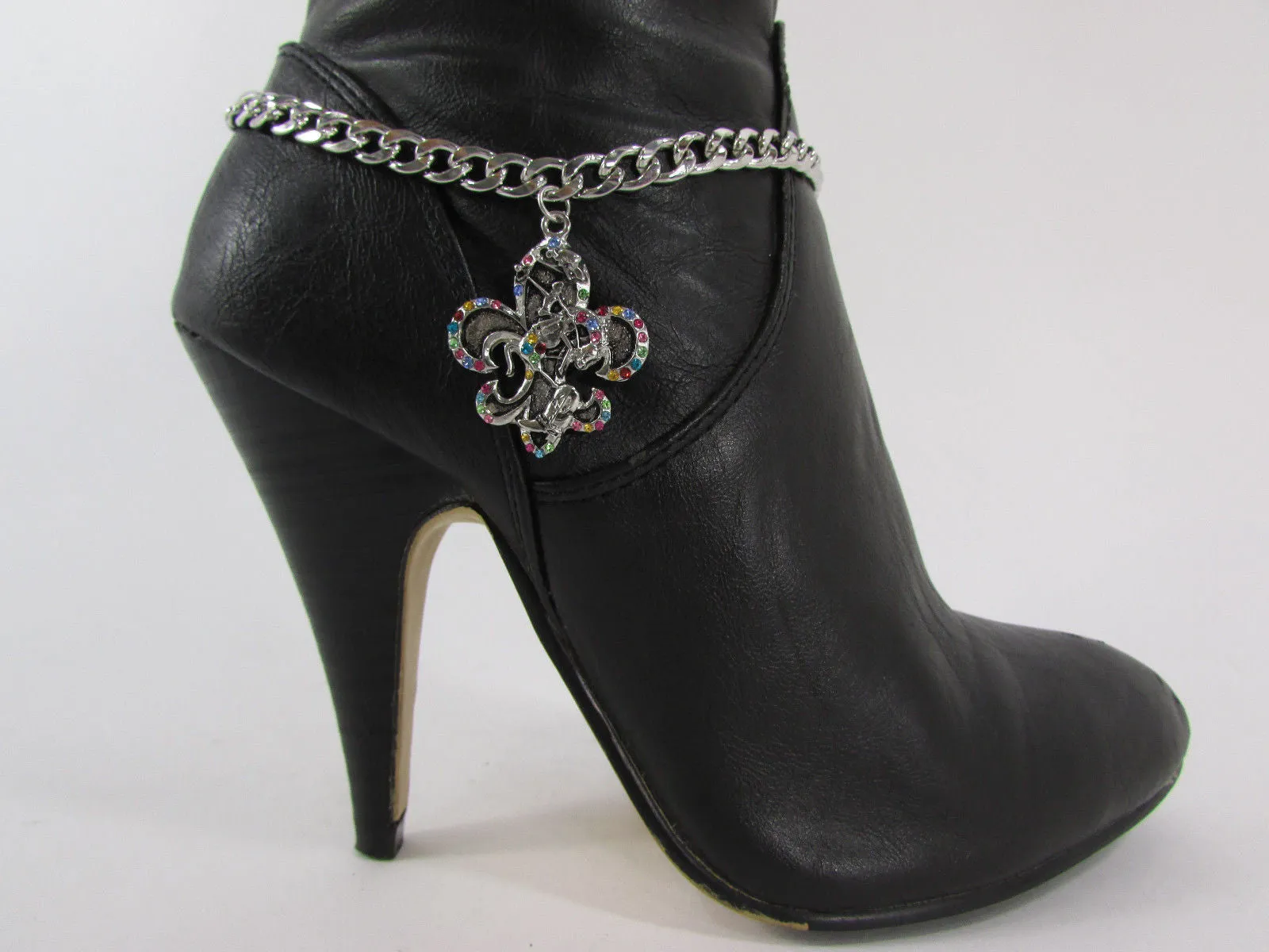 Rhinestone Outlined Fleur De Lis Pendant Boot Chain