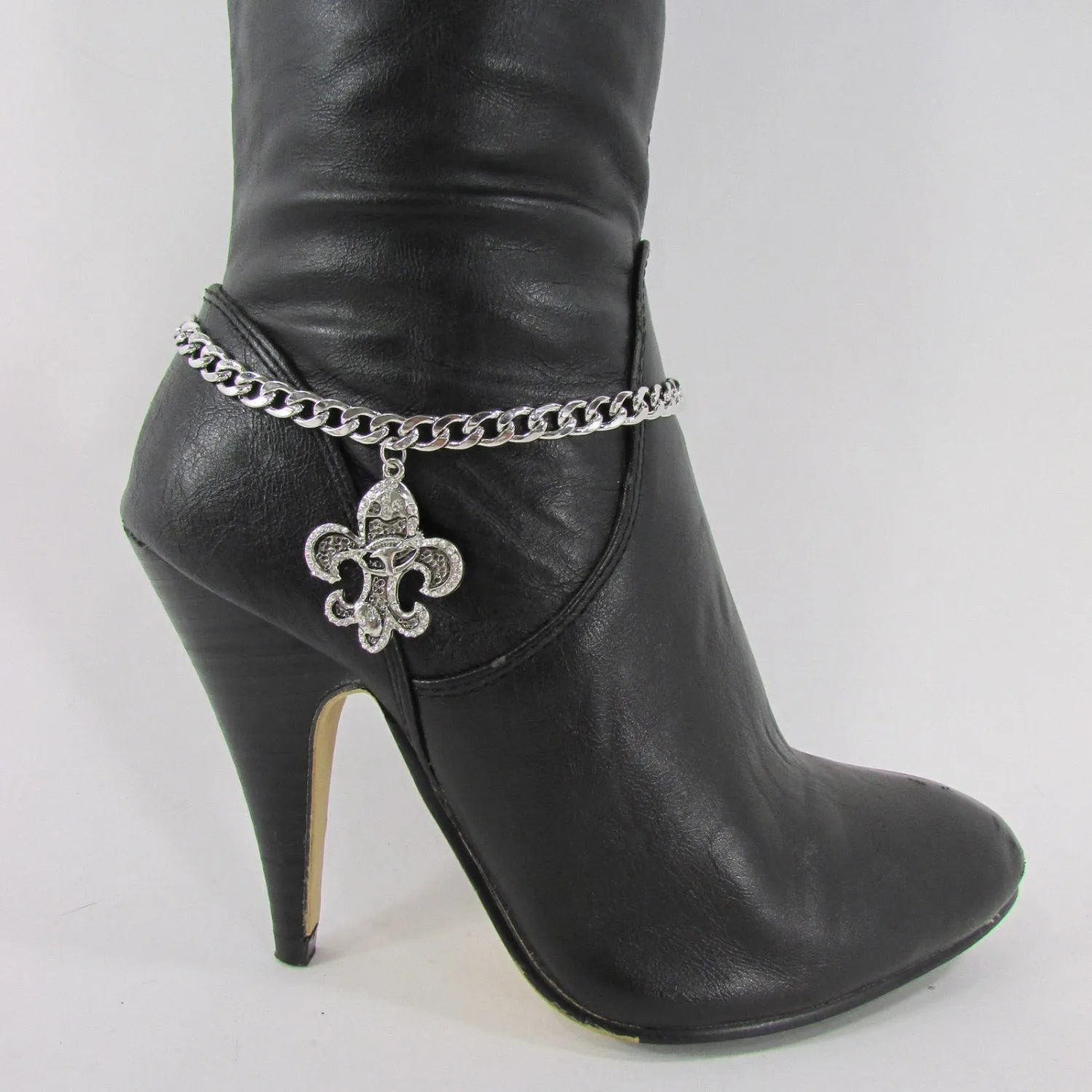 Rhinestone Outlined Fleur De Lis Pendant Boot Chain