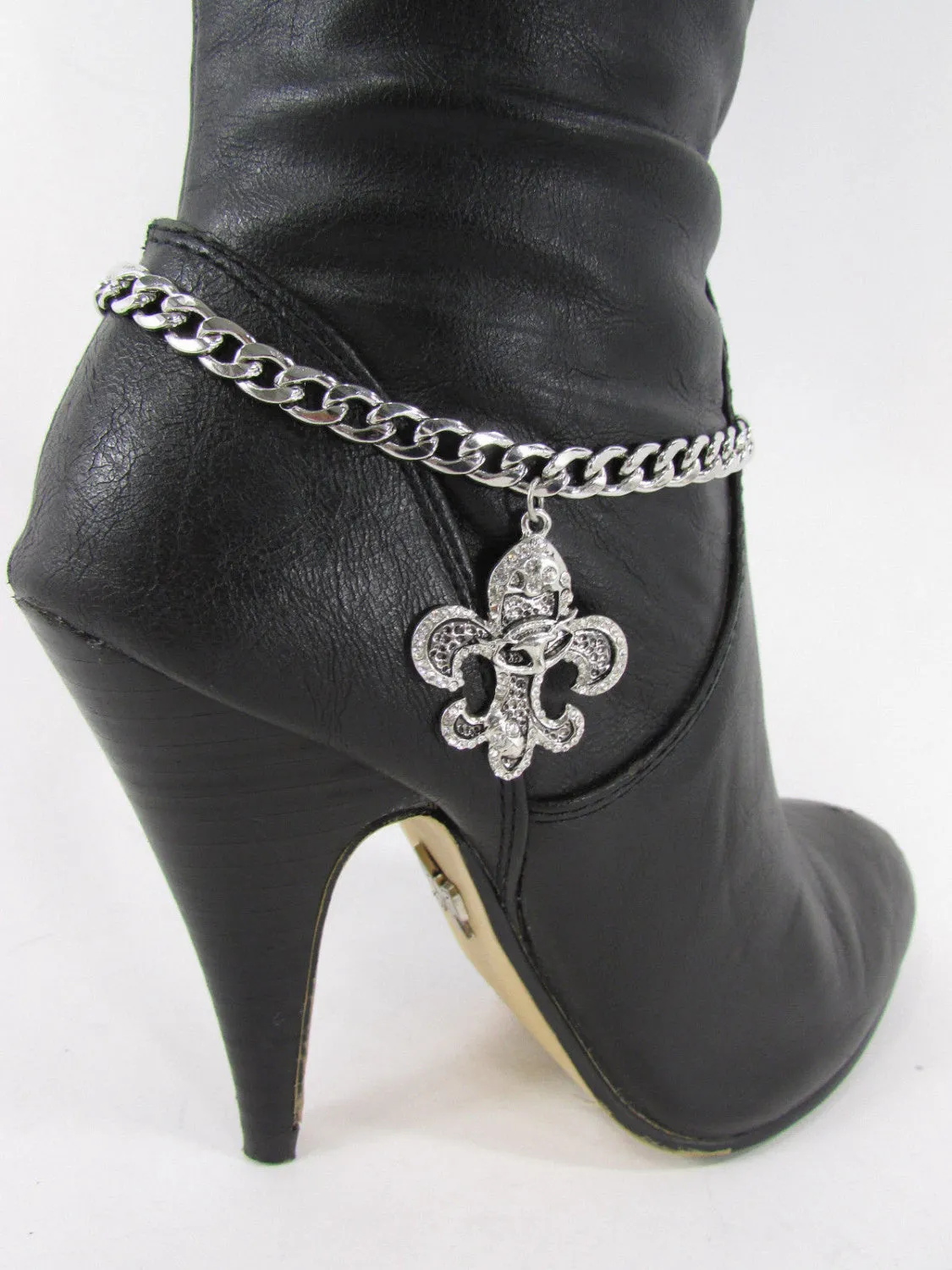 Rhinestone Outlined Fleur De Lis Pendant Boot Chain
