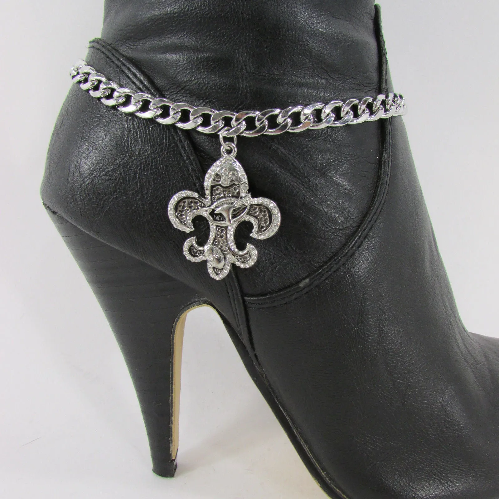 Rhinestone Outlined Fleur De Lis Pendant Boot Chain