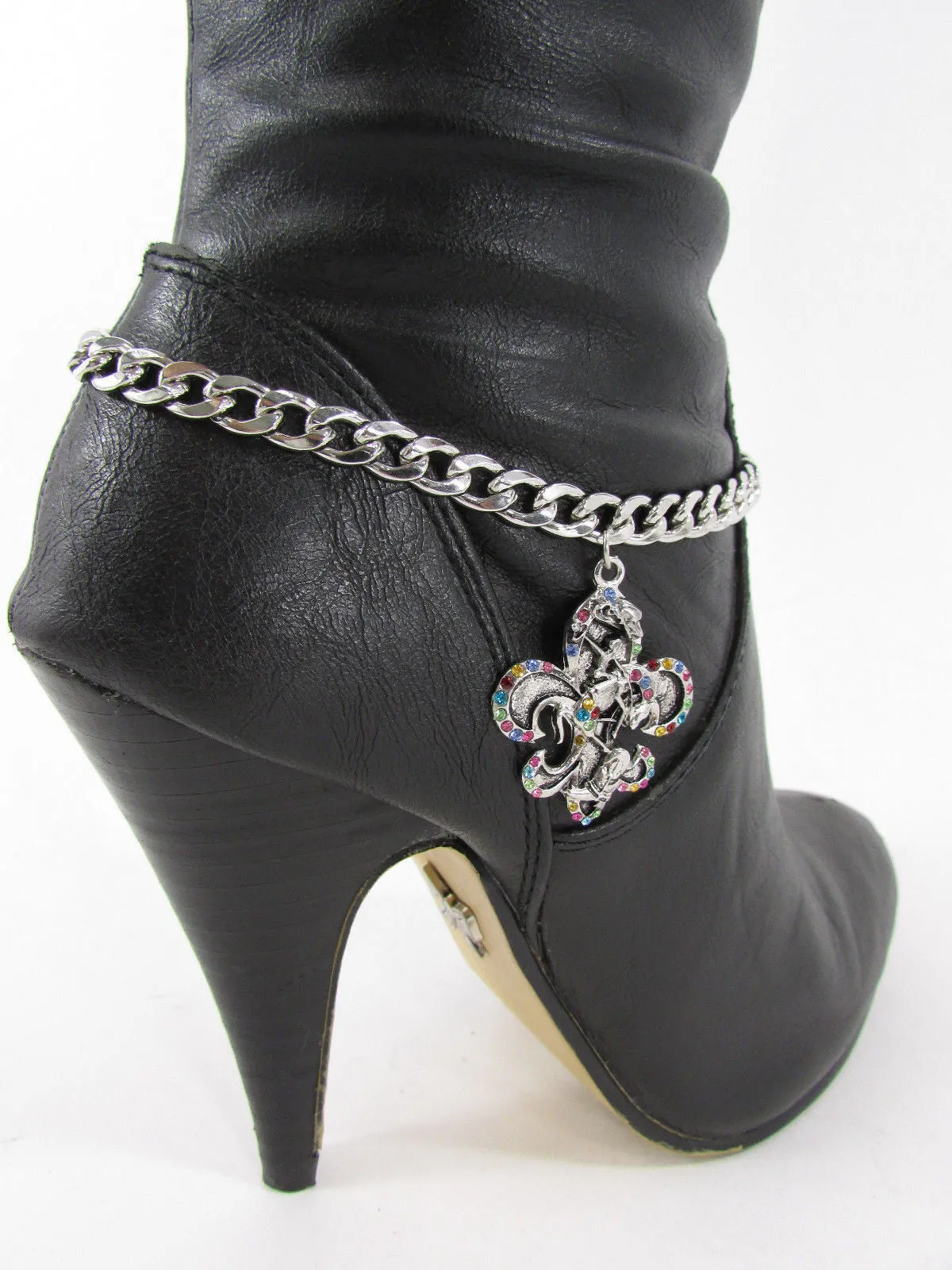Rhinestone Outlined Fleur De Lis Pendant Boot Chain