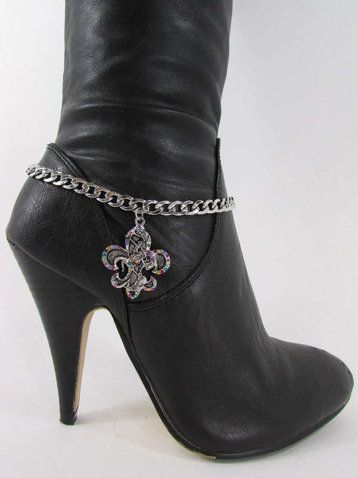 Rhinestone Outlined Fleur De Lis Pendant Boot Chain