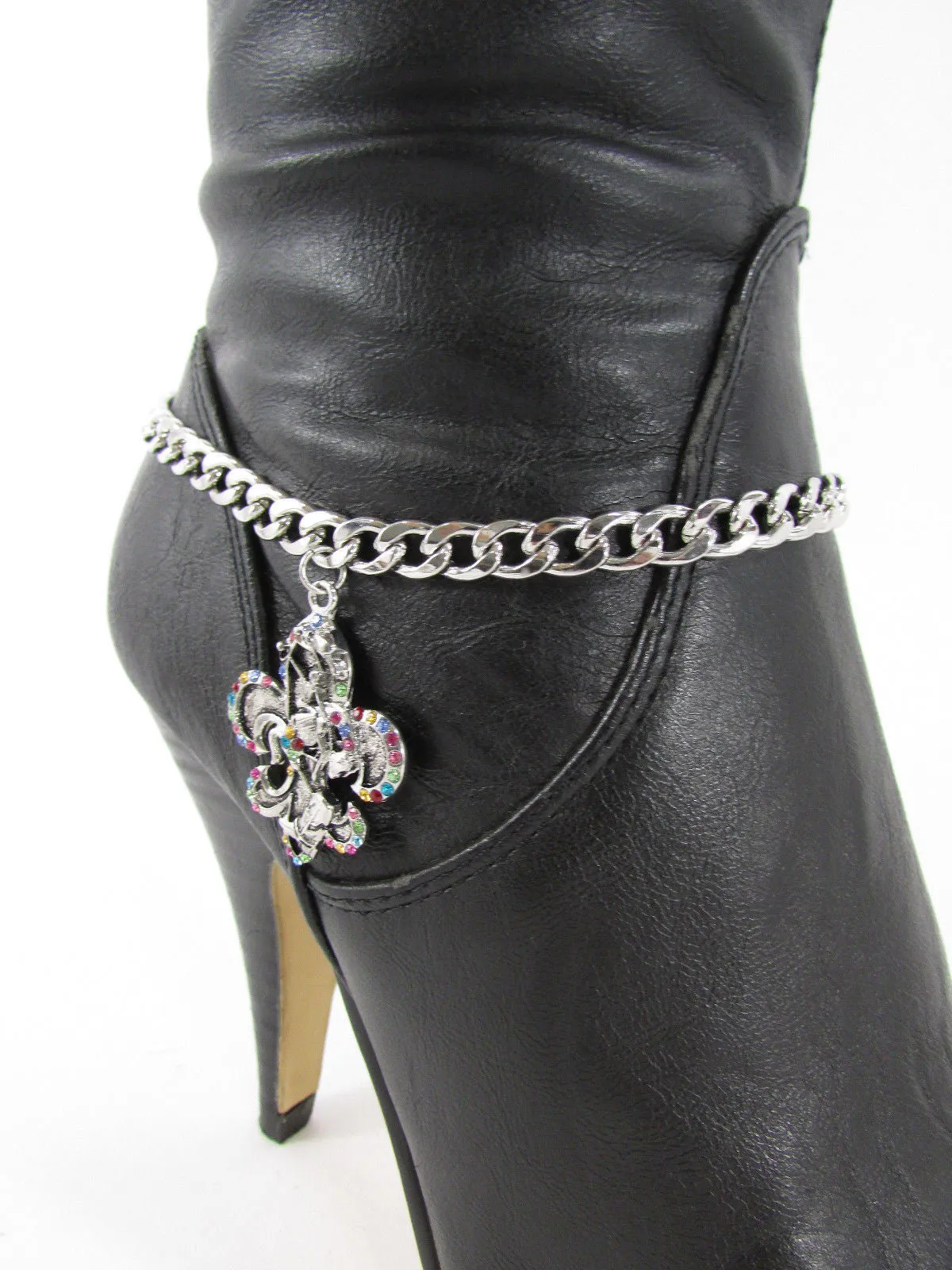 Rhinestone Outlined Fleur De Lis Pendant Boot Chain