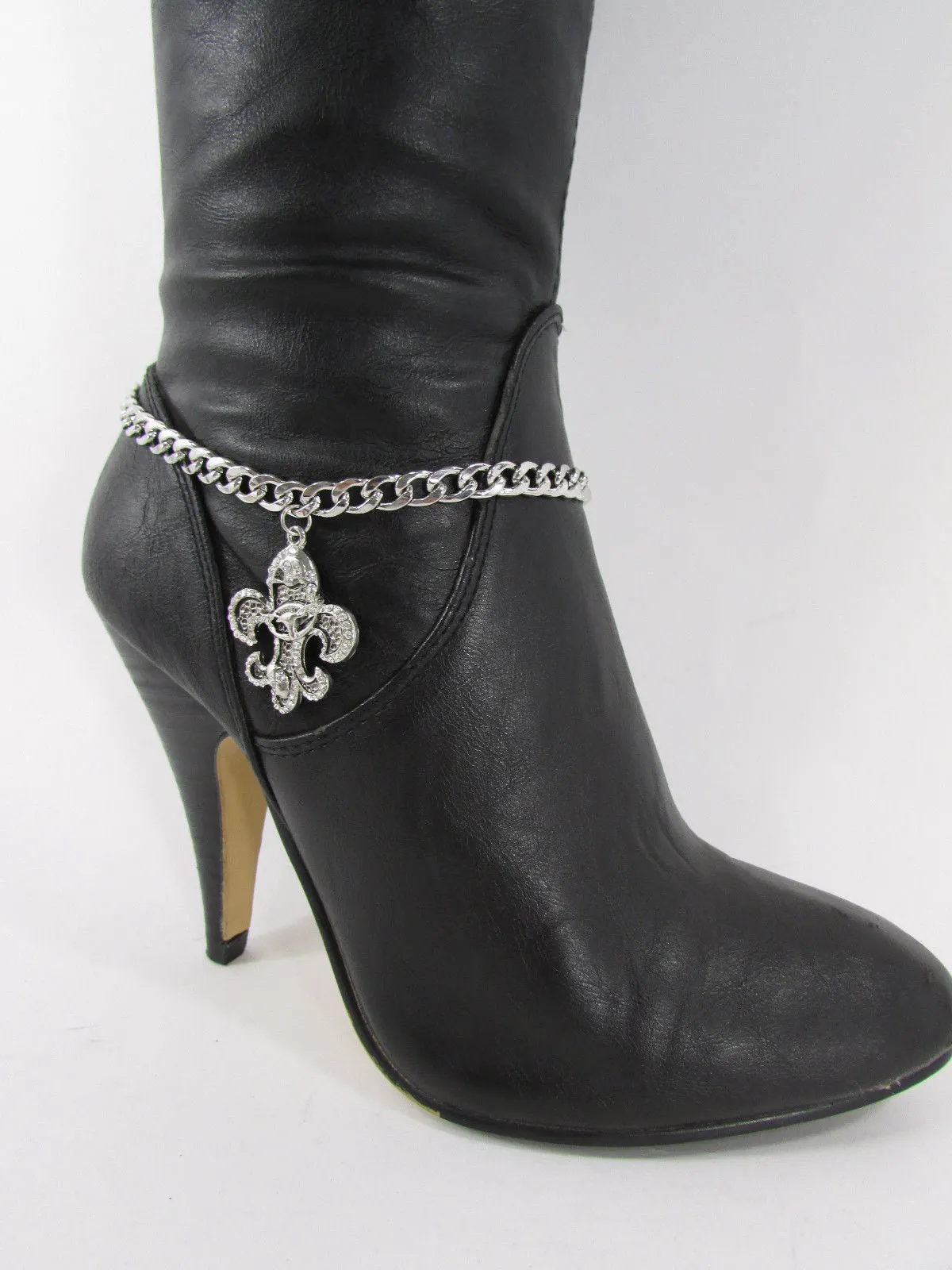 Rhinestone Outlined Fleur De Lis Pendant Boot Chain