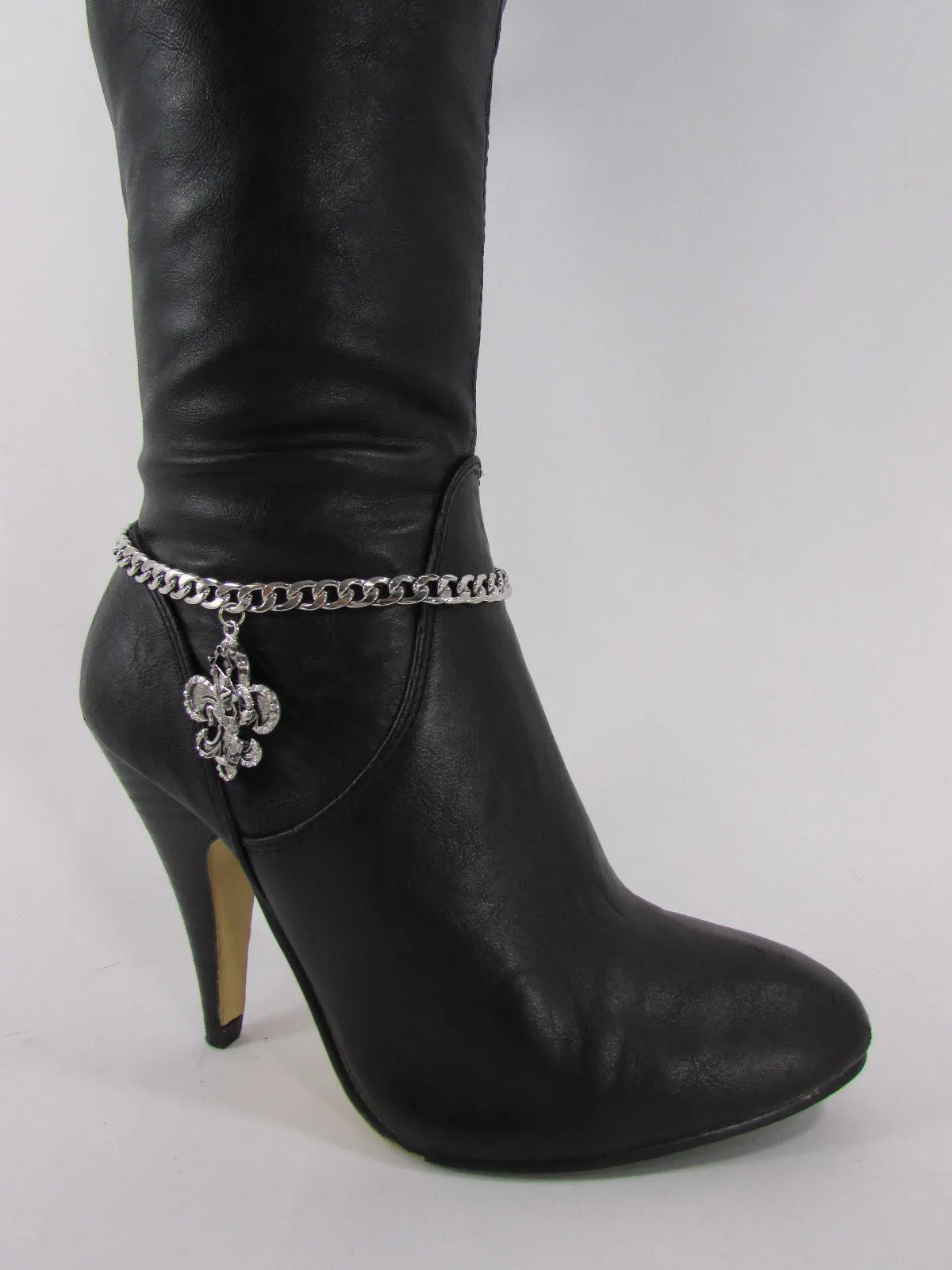 Rhinestone Outlined Fleur De Lis Pendant Boot Chain