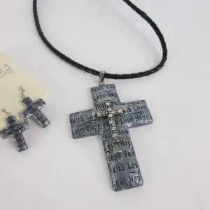 Rope Silver Love Hope Faith Large Cross Pendant Necklace Earring Set