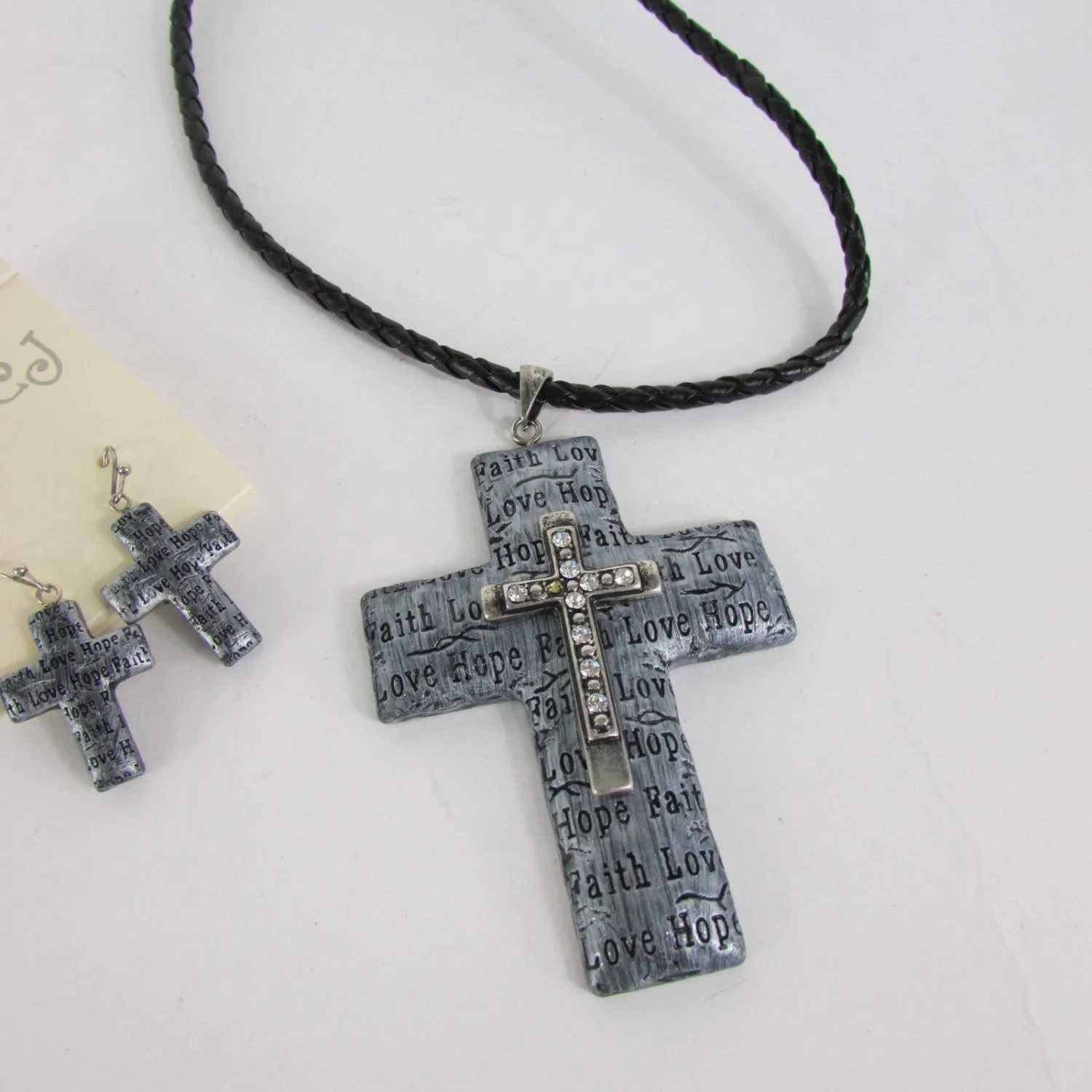 Rope Silver Love Hope Faith Large Cross Pendant Necklace Earring Set