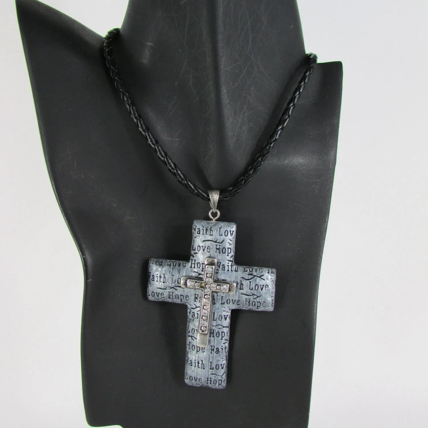 Rope Silver Love Hope Faith Large Cross Pendant Necklace Earring Set