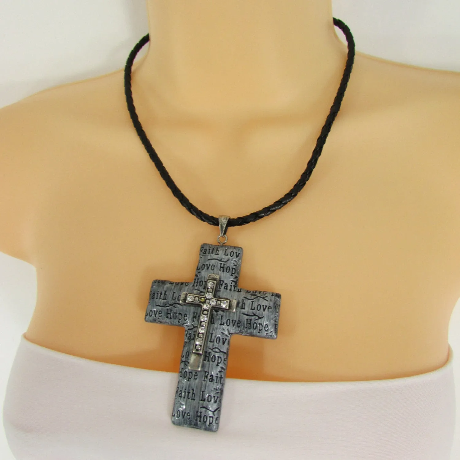 Rope Silver Love Hope Faith Large Cross Pendant Necklace Earring Set
