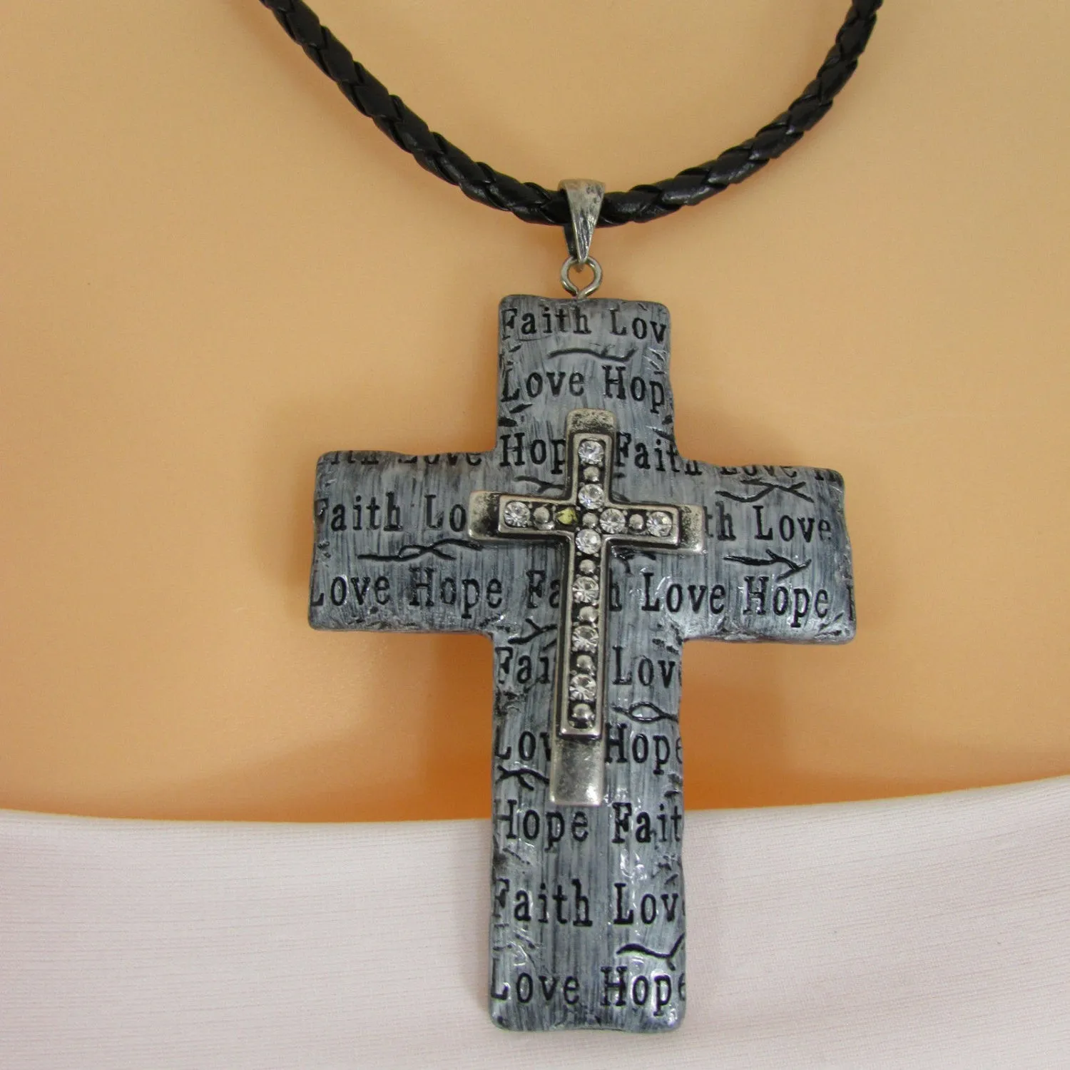 Rope Silver Love Hope Faith Large Cross Pendant Necklace Earring Set