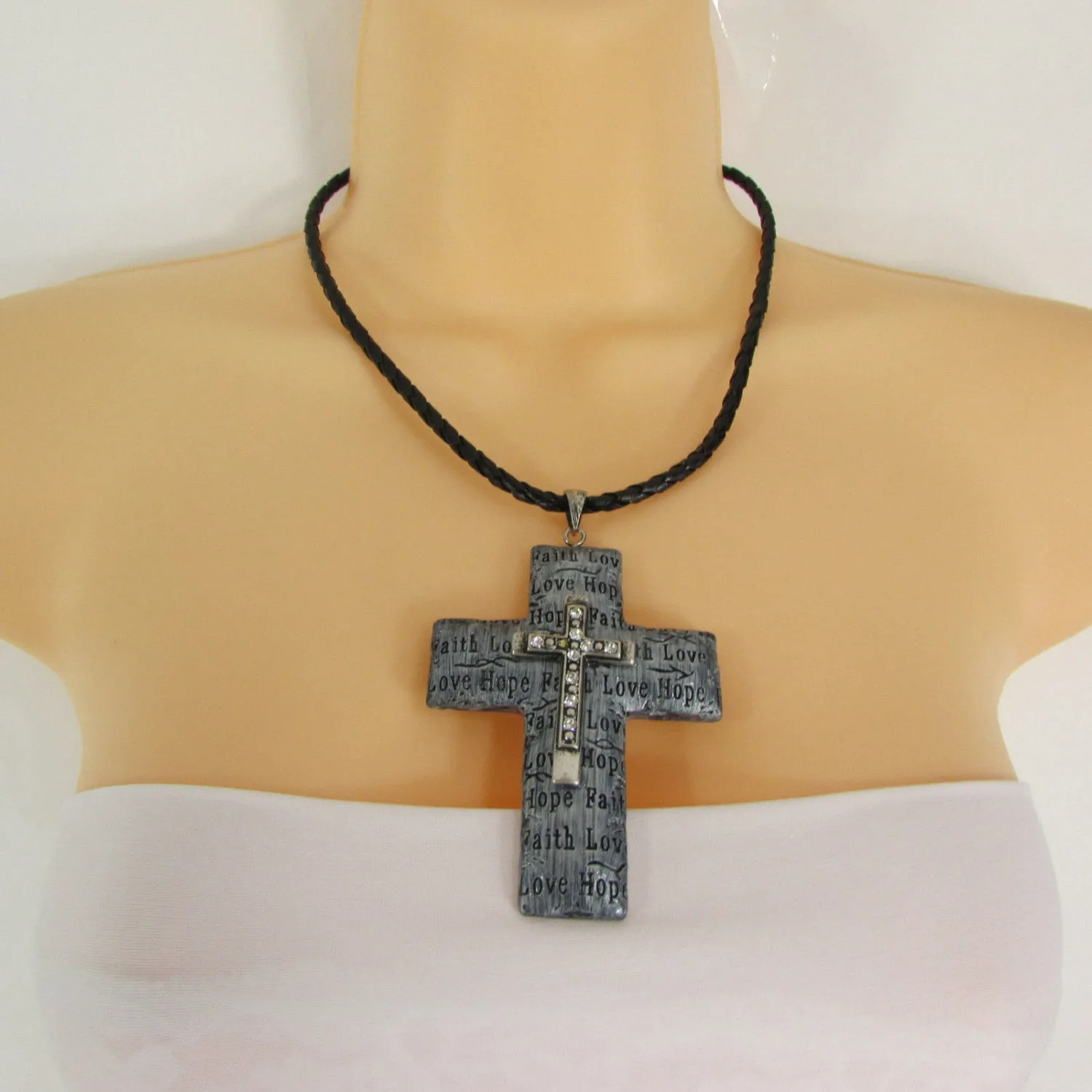 Rope Silver Love Hope Faith Large Cross Pendant Necklace Earring Set