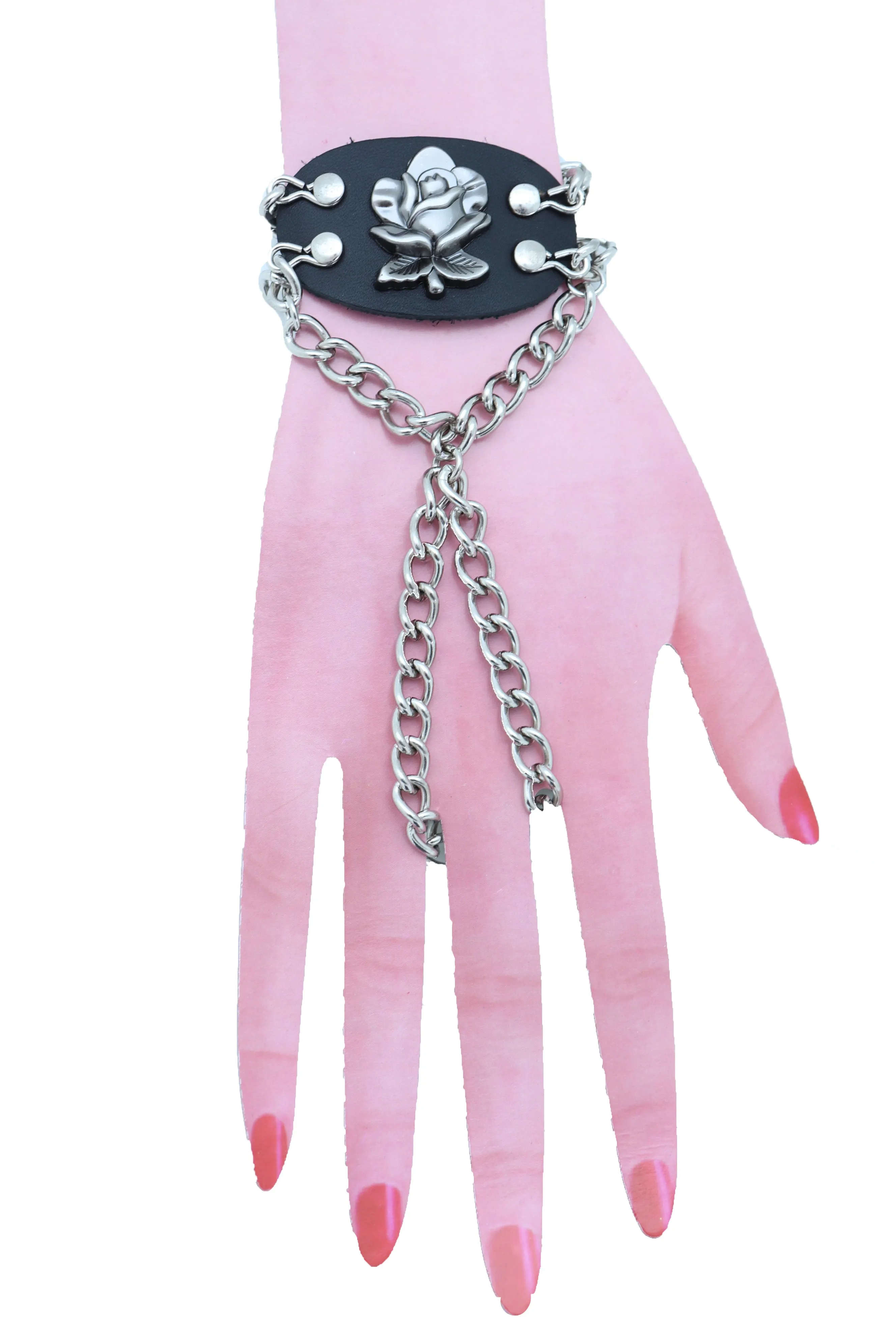 Rose Charm Faux Leather & Silver Metal Hand Chain