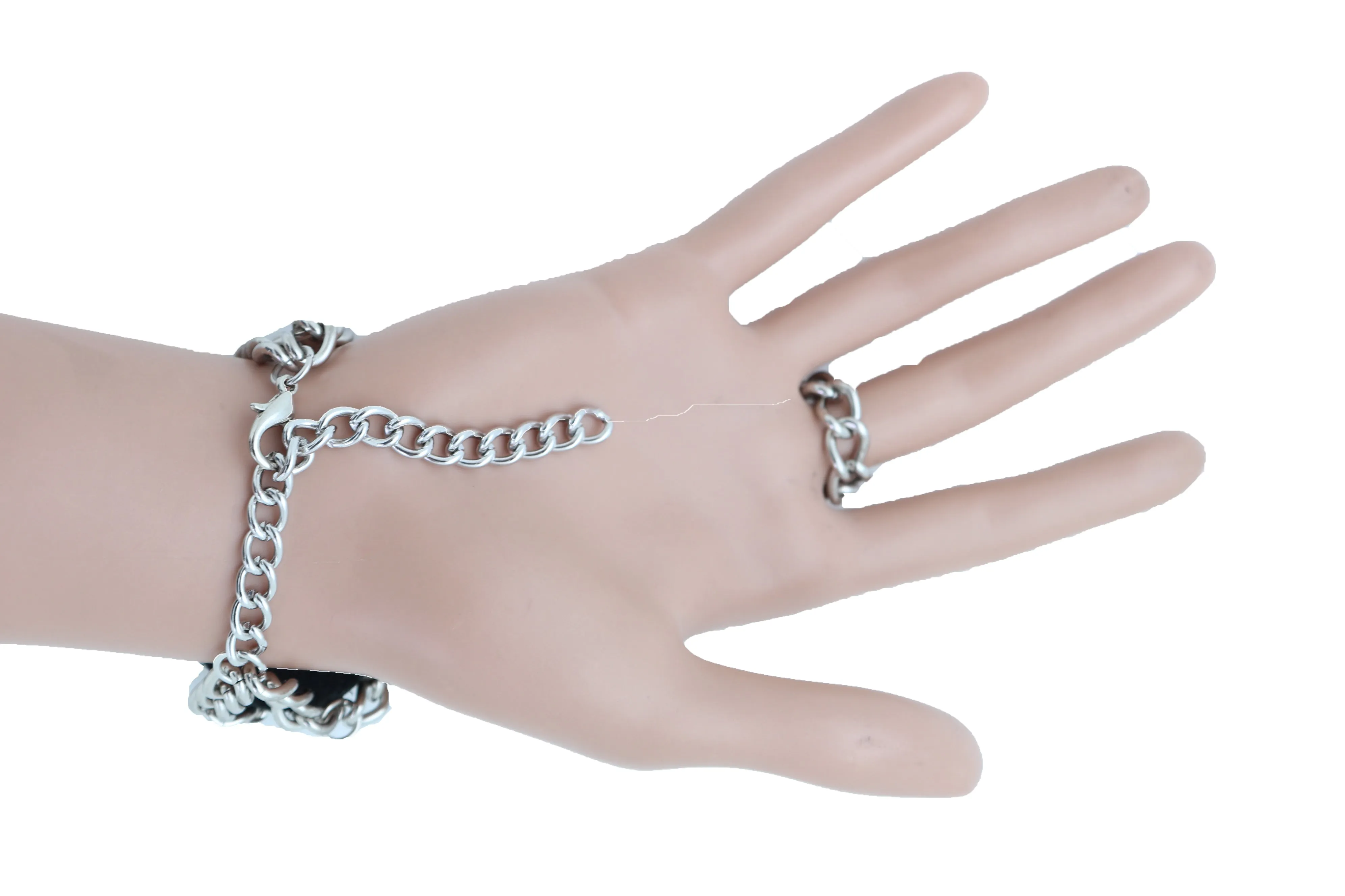 Rose Charm Faux Leather & Silver Metal Hand Chain