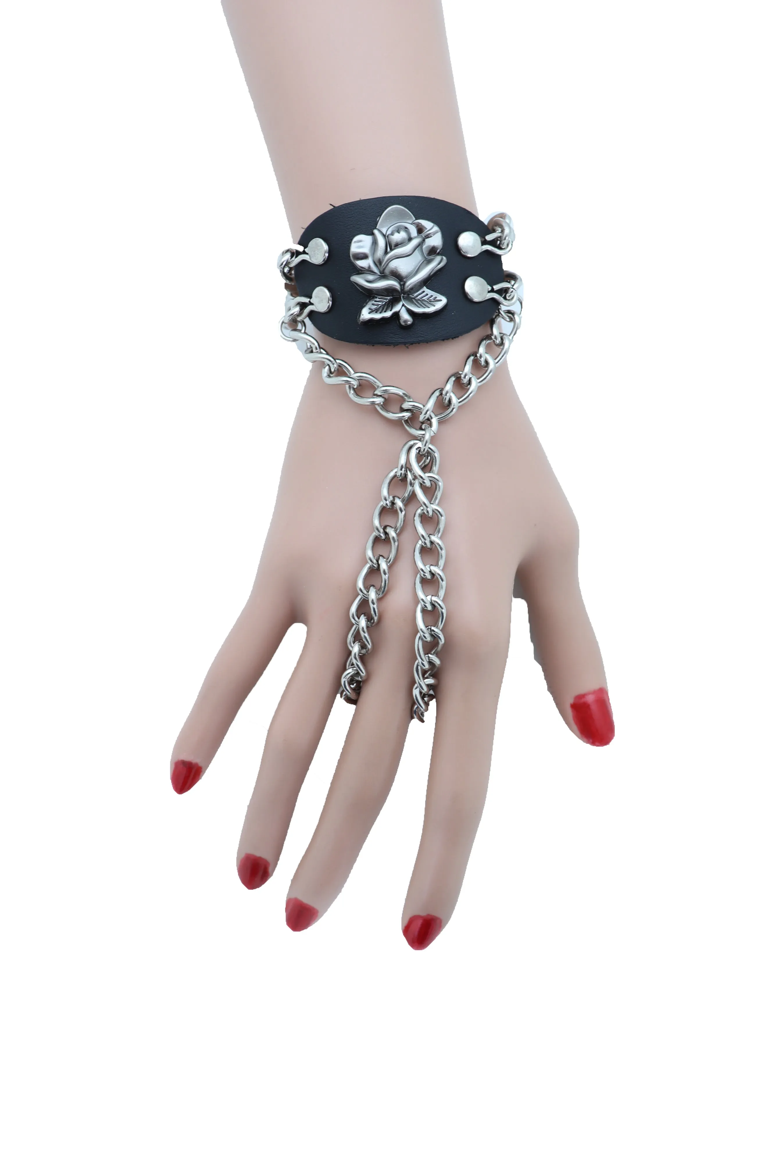 Rose Charm Faux Leather & Silver Metal Hand Chain