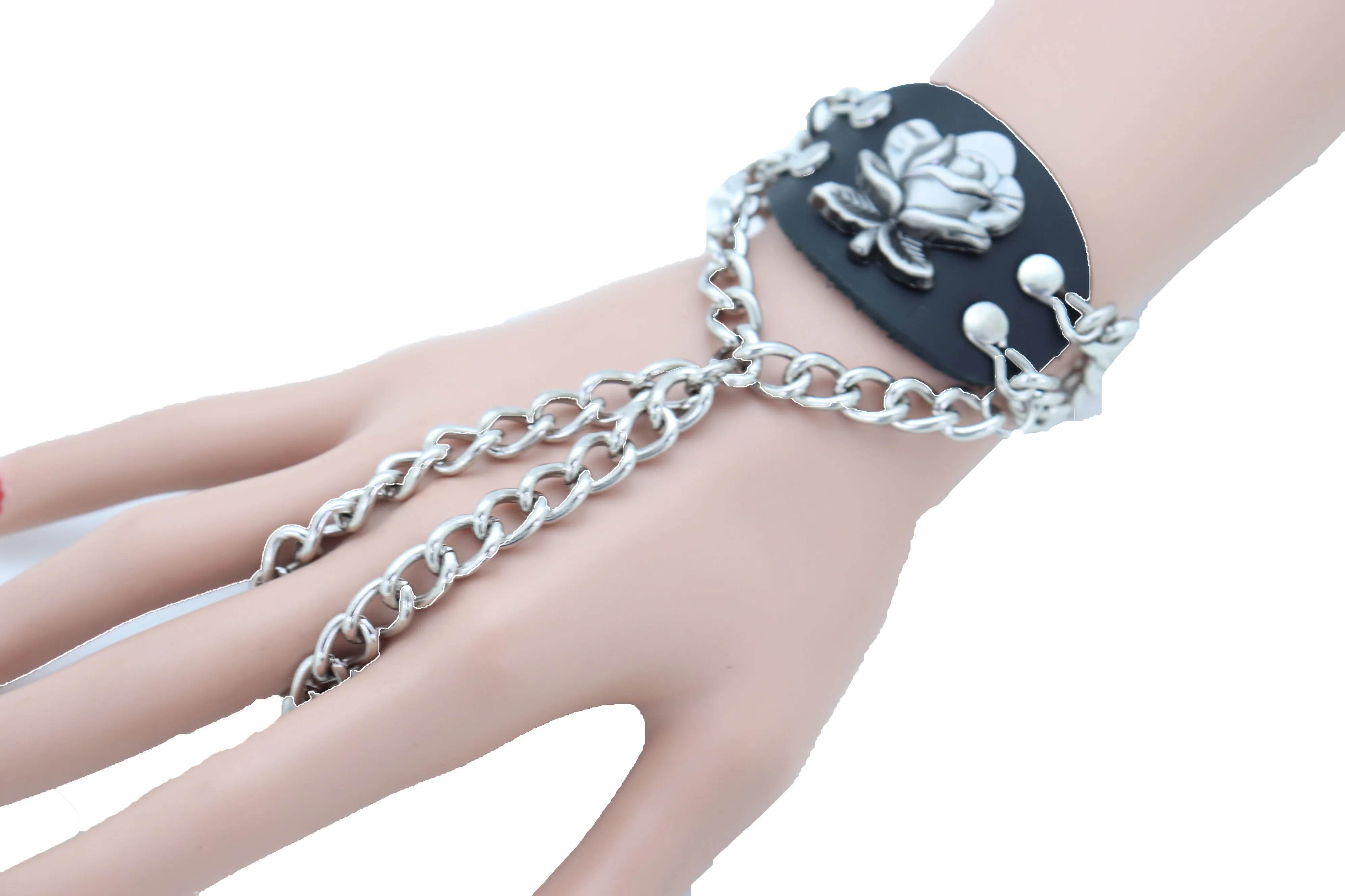 Rose Charm Faux Leather & Silver Metal Hand Chain
