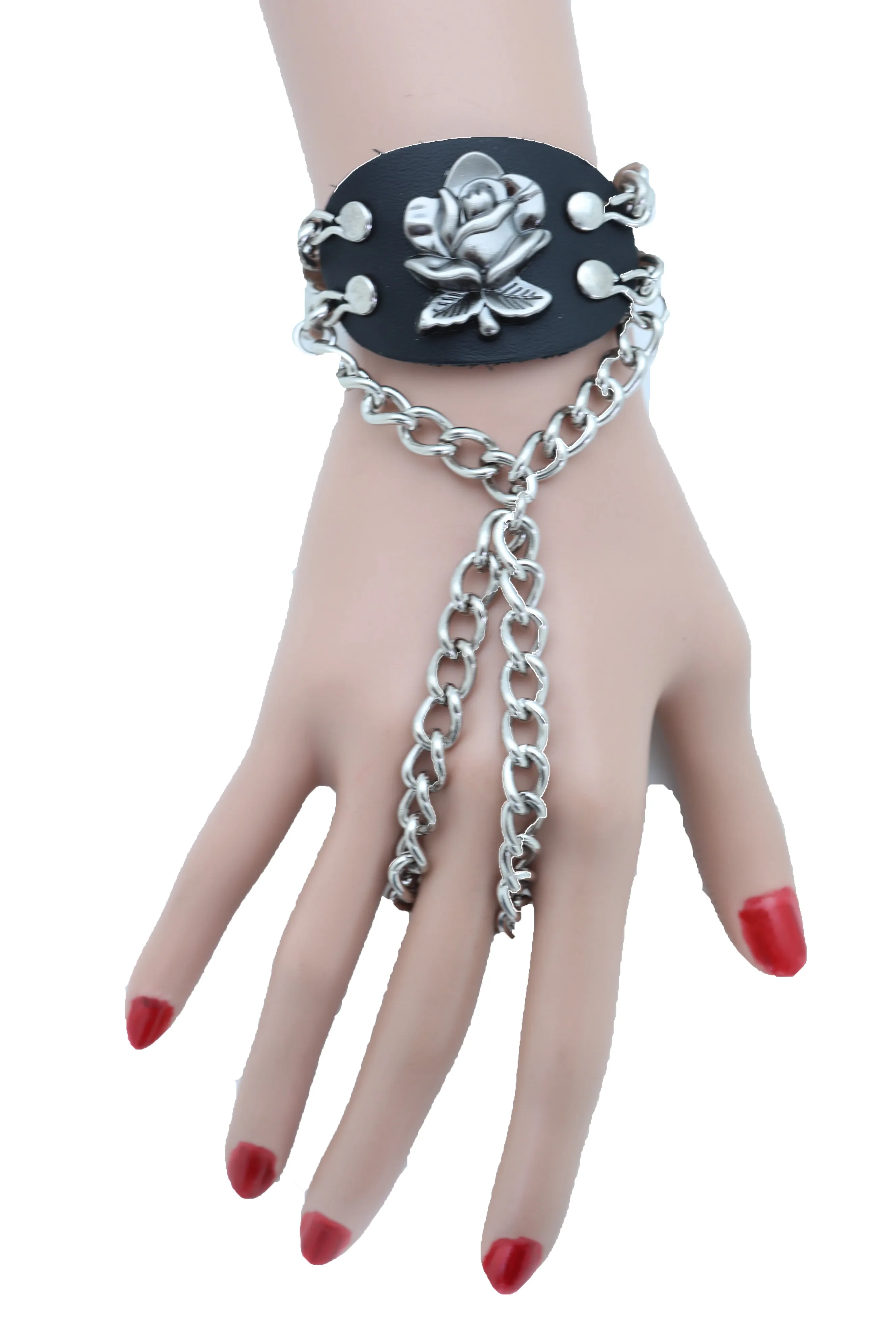 Rose Charm Faux Leather & Silver Metal Hand Chain