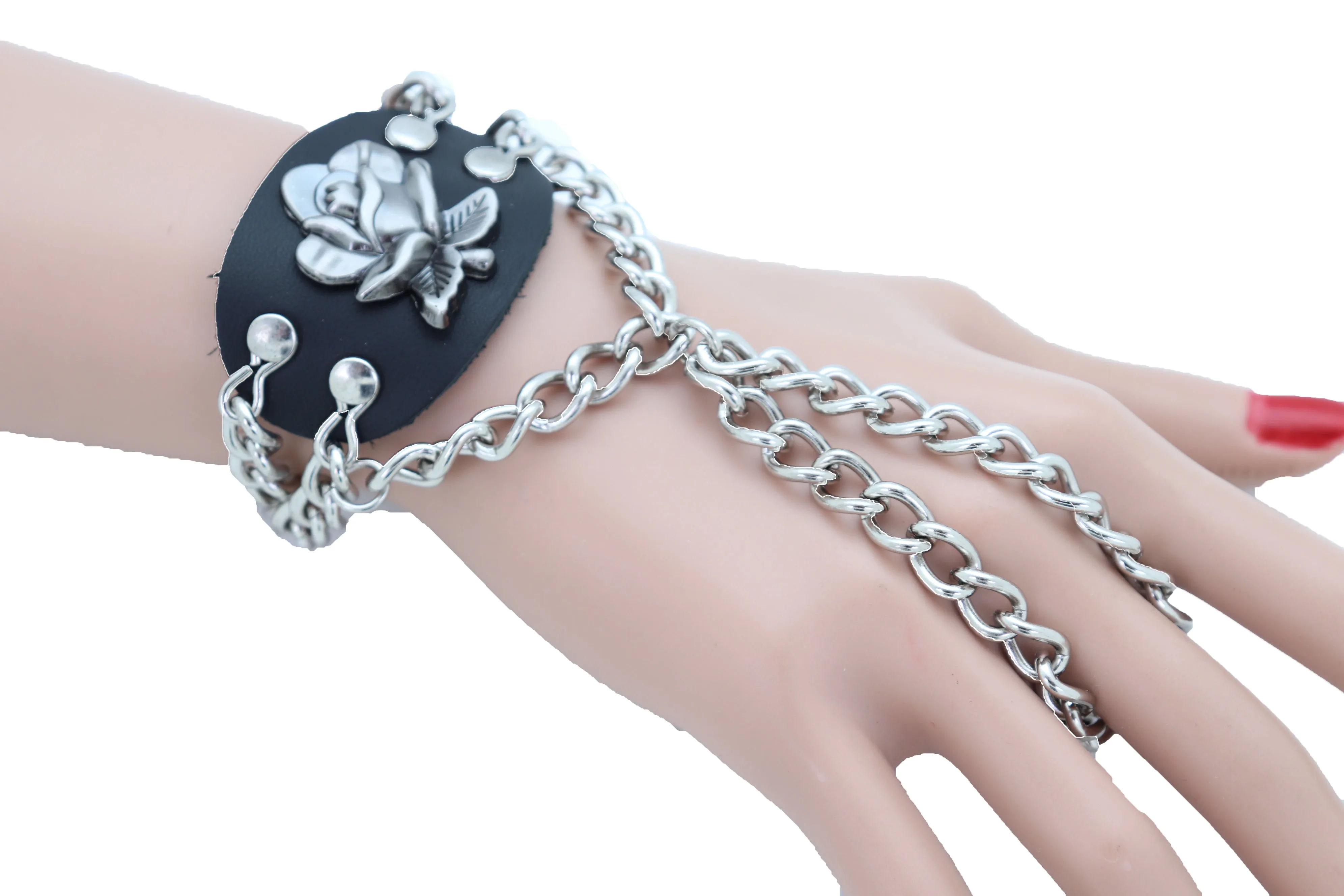Rose Charm Faux Leather & Silver Metal Hand Chain
