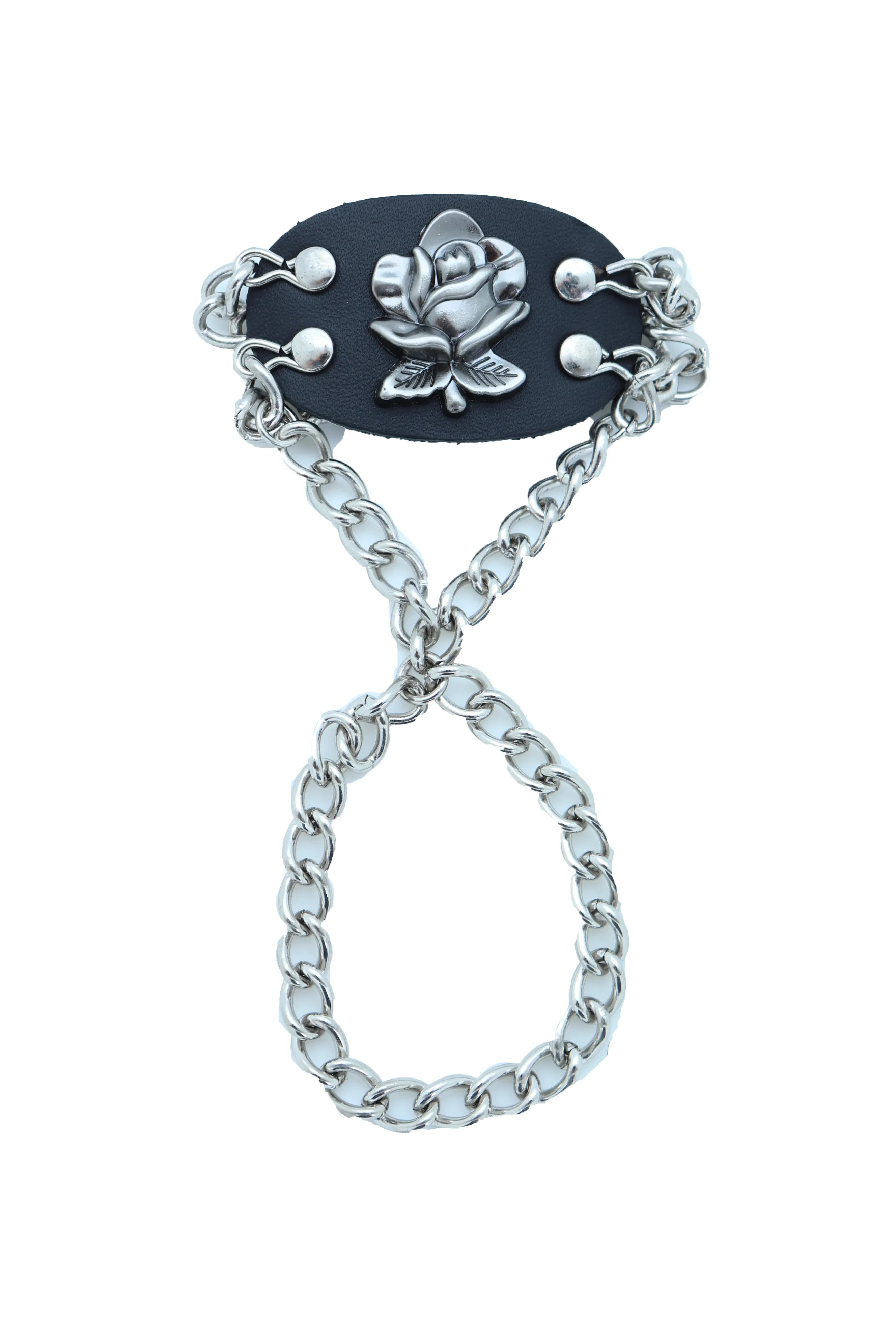 Rose Charm Faux Leather & Silver Metal Hand Chain