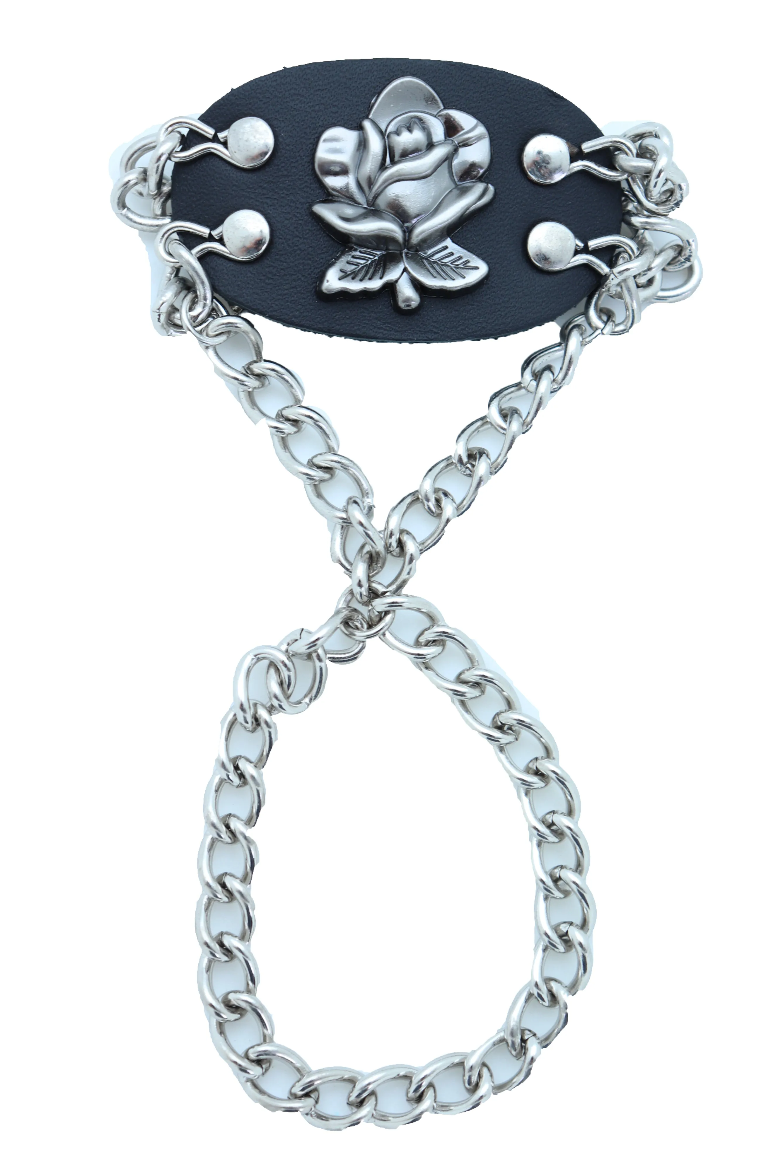 Rose Charm Faux Leather & Silver Metal Hand Chain