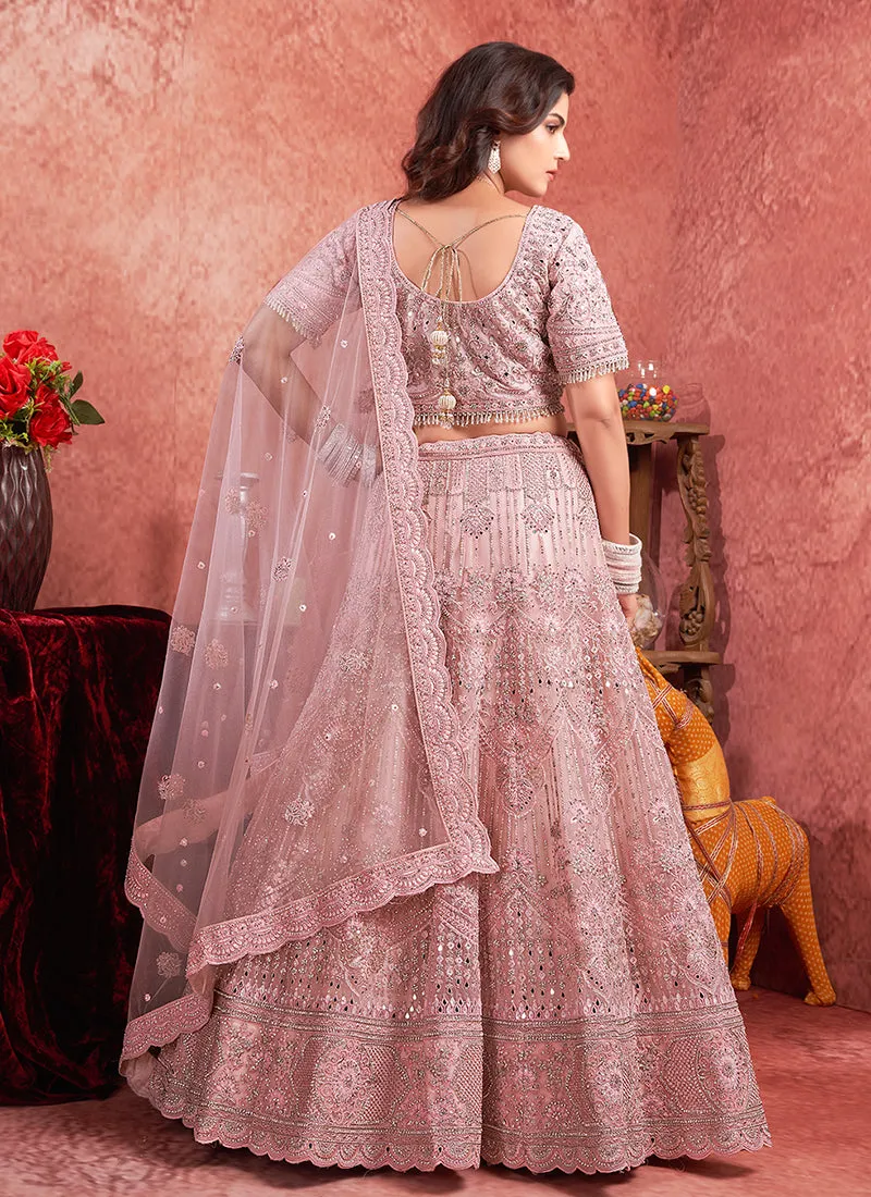 Rose Pink Mirror Embroidery Wedding Lehenga Choli