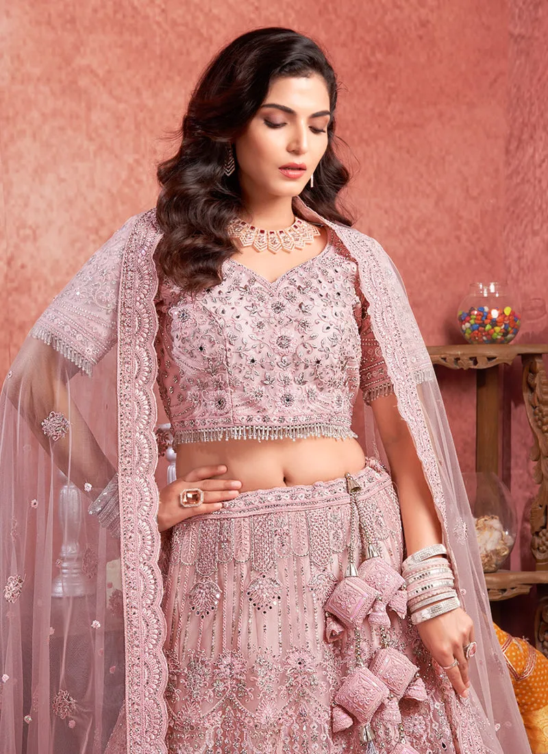 Rose Pink Mirror Embroidery Wedding Lehenga Choli