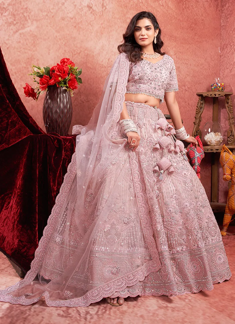 Rose Pink Mirror Embroidery Wedding Lehenga Choli