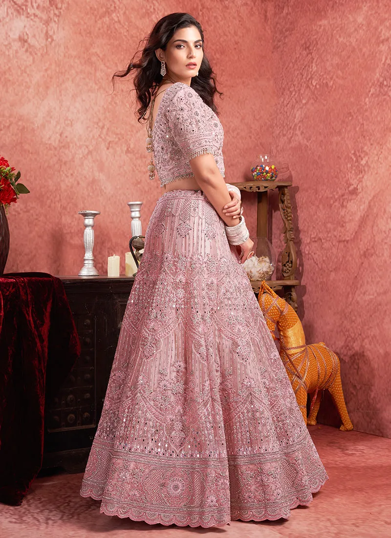 Rose Pink Mirror Embroidery Wedding Lehenga Choli