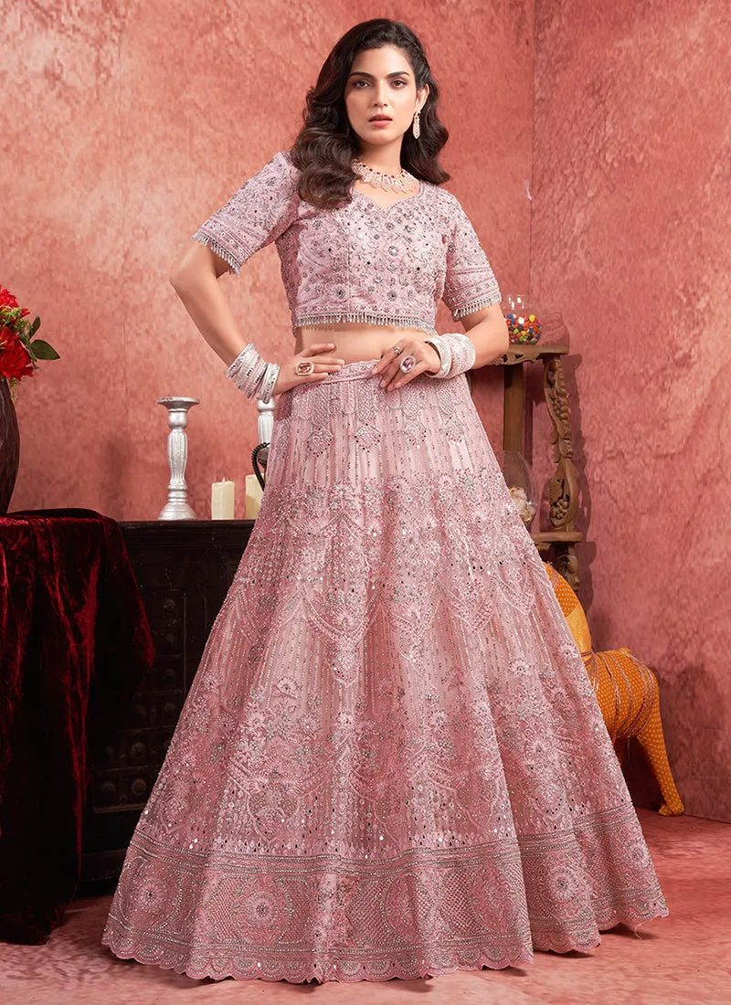 Rose Pink Mirror Embroidery Wedding Lehenga Choli
