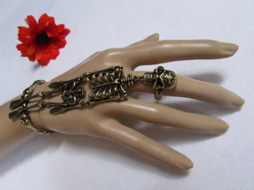 Rusty Gold Hot Hand Chain Bracelet Long Skeleton Skull