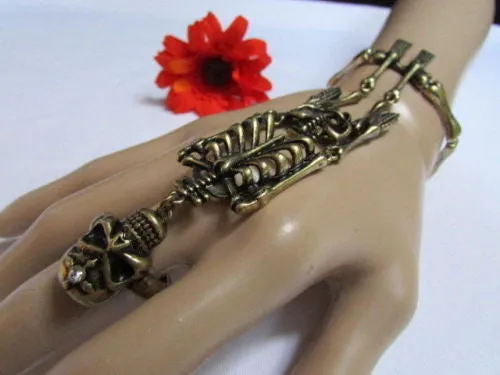 Rusty Gold Hot Hand Chain Bracelet Long Skeleton Skull