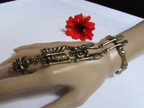 Rusty Gold Hot Hand Chain Bracelet Long Skeleton Skull