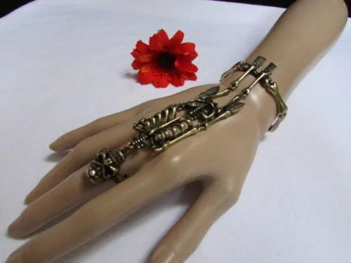 Rusty Gold Hot Hand Chain Bracelet Long Skeleton Skull