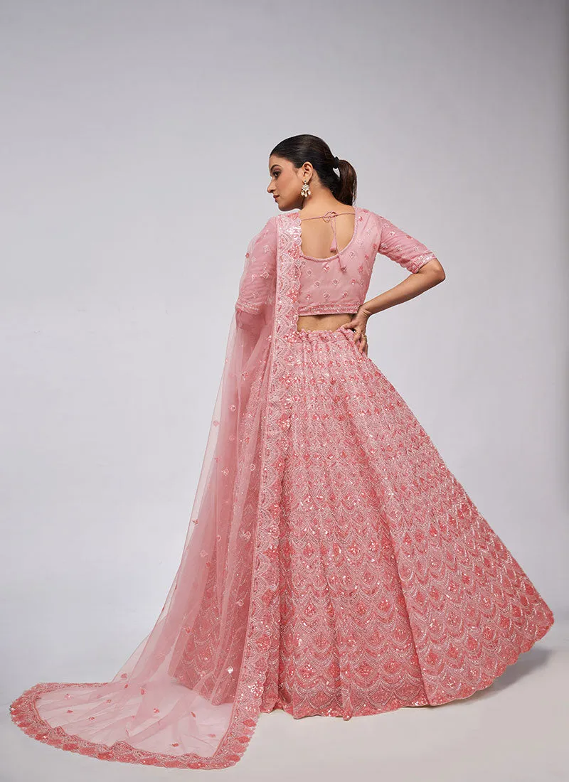 Salmon Pink Sequence Embroidery Wedding Lehenga Choli