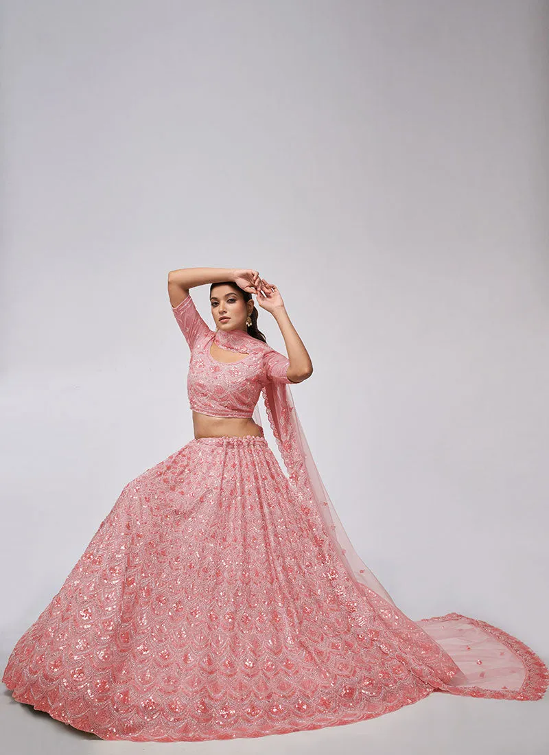 Salmon Pink Sequence Embroidery Wedding Lehenga Choli