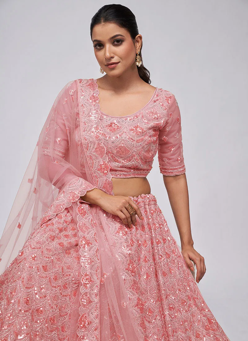 Salmon Pink Sequence Embroidery Wedding Lehenga Choli