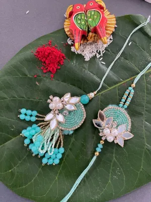 (Set of 2) Designer Lumba Rakhi With Latkan Mirror Work/Floral/Design Rakhi For Brother And Bhabhi