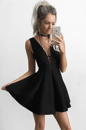 Sexy Black Deep V-neck New Mini Sleeveless Homecoming Dress,Cocktail Dress OK452