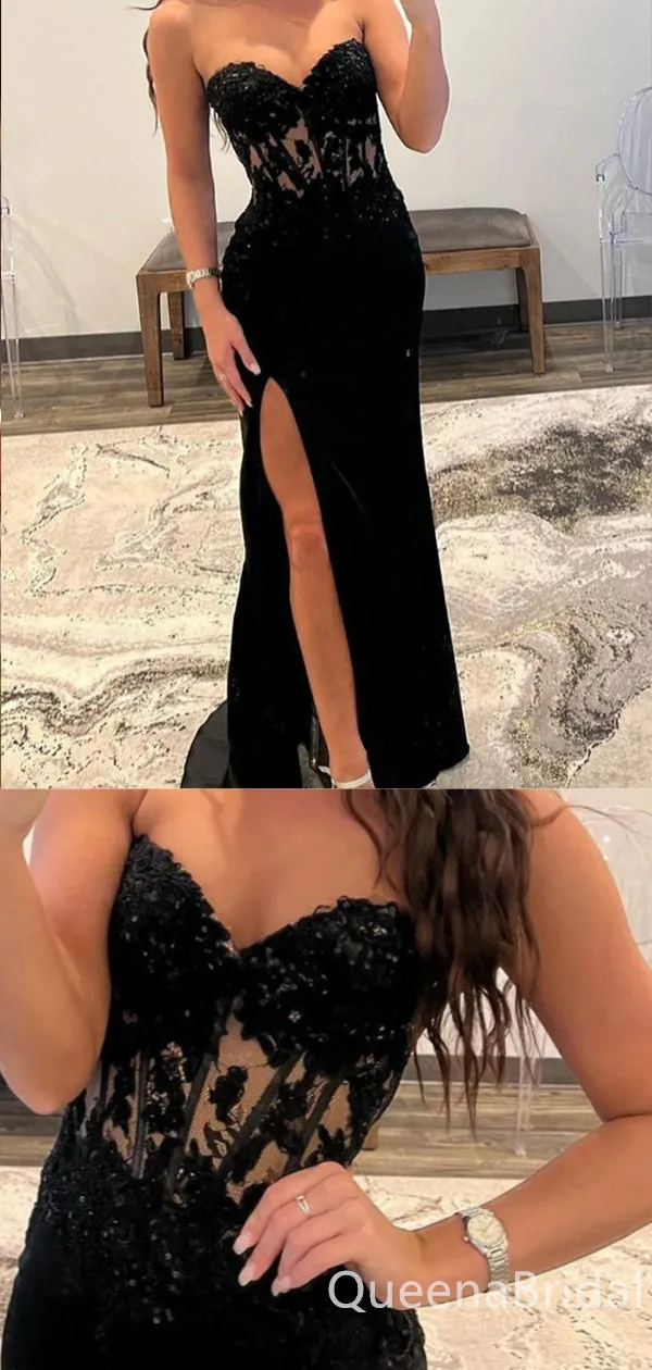 Sexy Black High Slit Lace Appliques Strapless Evening Gown Long Prom Dresses,WGP656