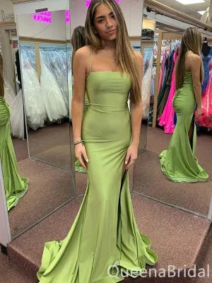 Sexy Green Mermaid Spaghetti Straps Lace Up Back Evening Gown Maxi Long Formal Dresses Prom Dresses with High Slit ,WGP871