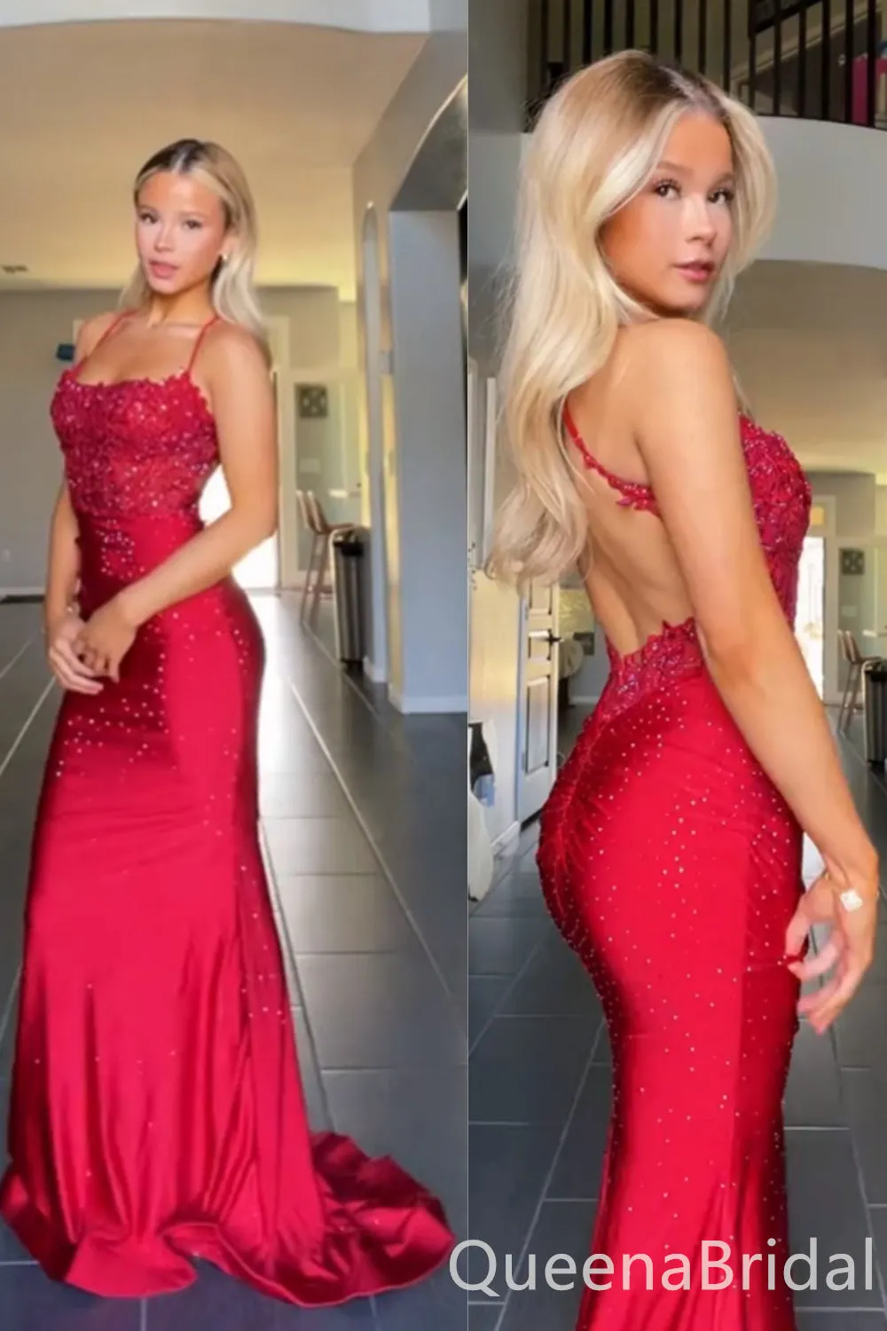Sexy Red Spaghetti Straps Beaded Mermaid Long Prom Dresses ,WGP1645