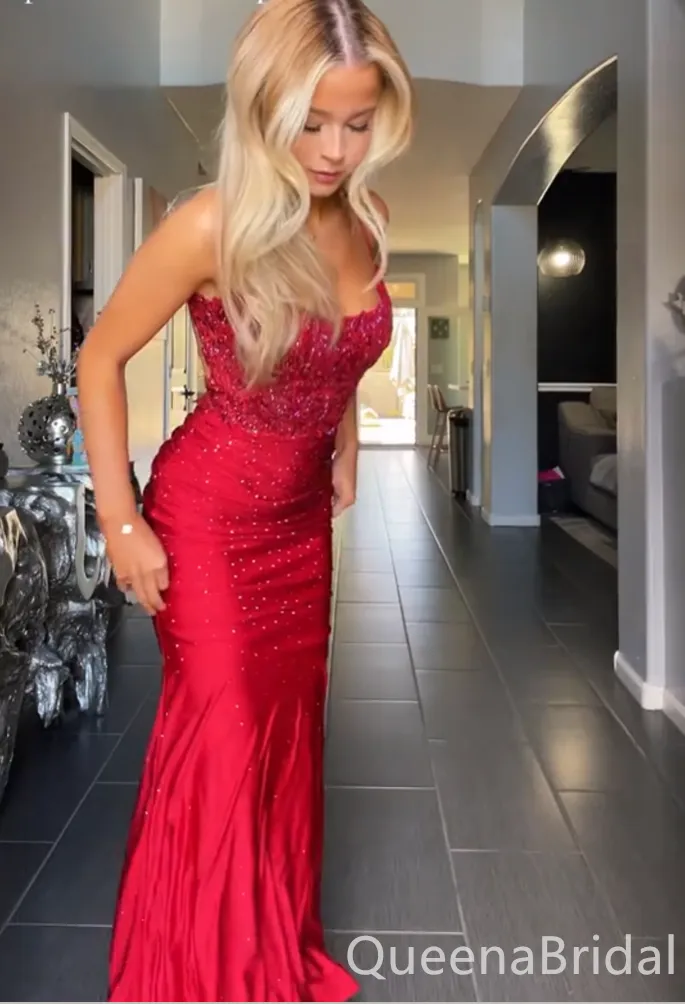 Sexy Red Spaghetti Straps Beaded Mermaid Long Prom Dresses ,WGP1645