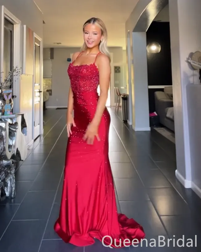 Sexy Red Spaghetti Straps Beaded Mermaid Long Prom Dresses ,WGP1645