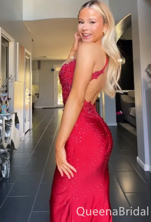 Sexy Red Spaghetti Straps Beaded Mermaid Long Prom Dresses ,WGP1645