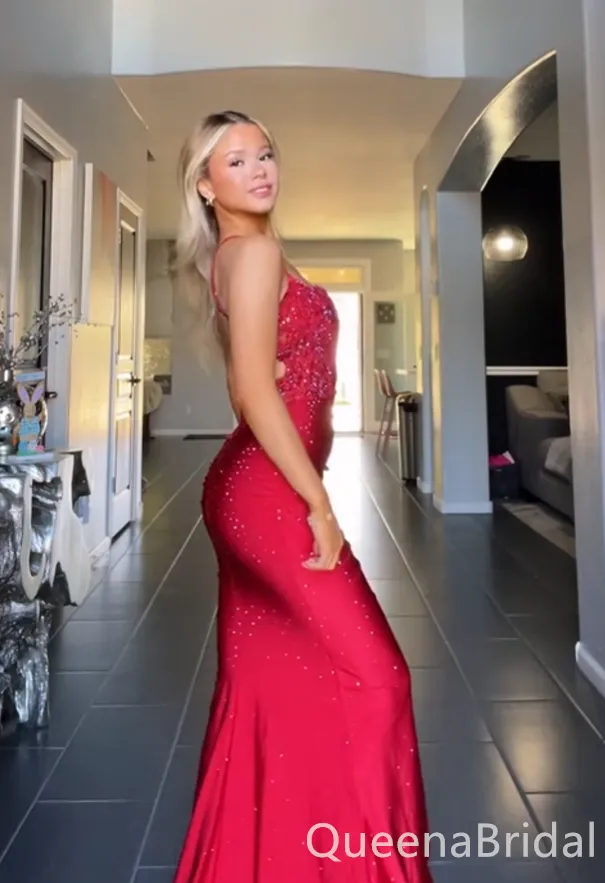 Sexy Red Spaghetti Straps Beaded Mermaid Long Prom Dresses ,WGP1645
