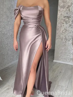 Sexy Strapless Off Shoulder High Slit Evening Gown Long Prom Dresses with Pleats,WGP657
