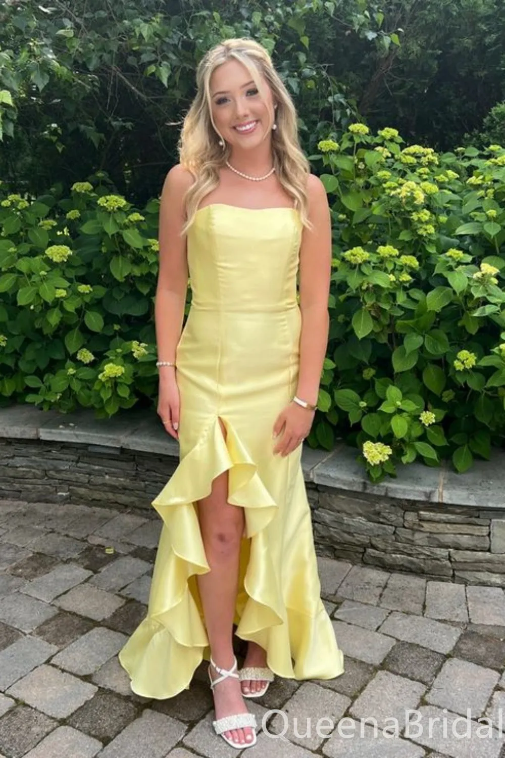 Sexy Strapless Straight Neck Ruffles Front Slit Yellow Mermaid Long Party Dress Long Prom Dresses to Impress ,WGP1450