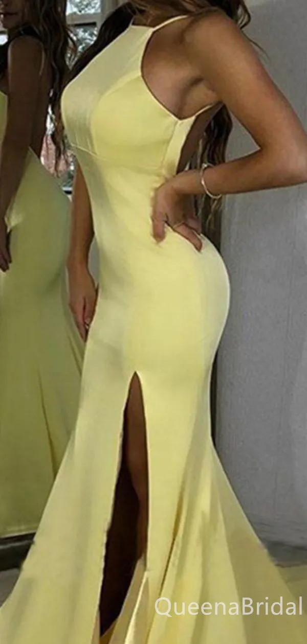 Sexy Yellow Side Slit Open Back Yellow Evening Gown Long Prom Dresses ,WGP660